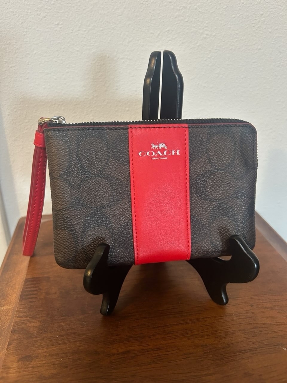 Coach Brown Signature Wristlet with Red Stripe